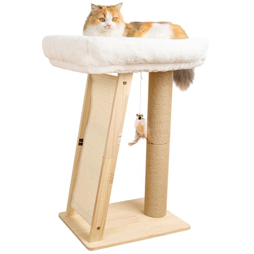 Famifit 27.5 Cat Scratching Post 3-in-1 Multifunctional Natural Pine Wood Cat Furniture Tall Scratch Posts with Perch&Scratcher Boxed with Hanging Bell Toy Medium