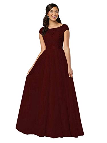 Lamosi Lace Bodice Long Bridesmaid Dress Cap Sleeve Chiffon Evening Dress A Line Prom Gowns Burgundy Size 12