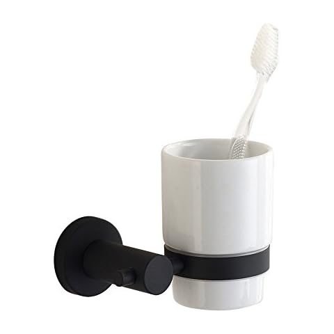 CASEWIND Toothbrush Holder Black, Wall Toothbrush Tumbler, Matt Bathroom Wall Storage Stainless Steel and Ceramic Wall Mounted Cover