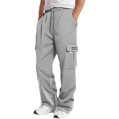 Sweatpants for Men Tapered Leg Fly Front Cargo Pant with Pockets Trendy Flowy Utility Elastic Athletic Trousers Cotton Loose Straight Men's Pants(Light Gray,Small)3