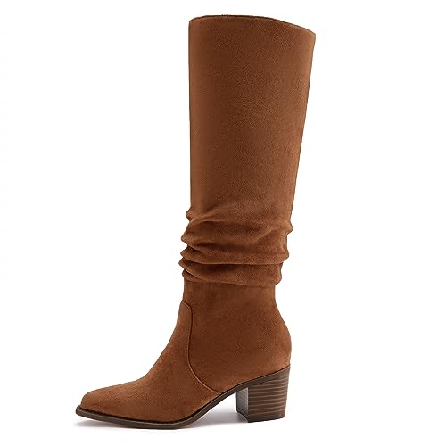 Athlefit Womens Knee High Chunky Heel Boots Faux Suede Pointed Toe Side Zipper Boots2