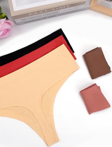 Image of voenxe Seamless Women Underwear Thongs,High Waisted No Show Ladies Panties,Invisible Breathable Comfy Active Thong,Hi Rise Cut Athletic Gym Undies,Highwaisted Mesh Stretchy Soft Panty,5-Pack Coffee