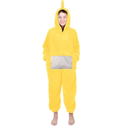 Onesie Kostüm Schlafanzug Tele tubbies Onesie Kostüm Erwachsene mit Kapuze Tier Jumpsuit Kostüm Erwachsene Cosplay Karneval Halloween Pyjama Weihnachten Party kuschelig Schlafanzüge für Damen
