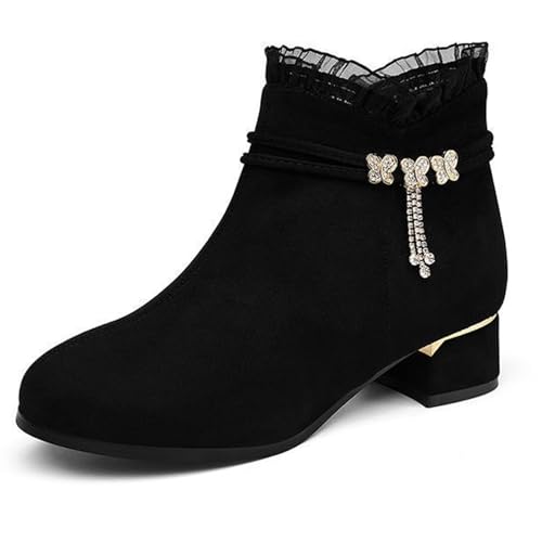 Elegant Lace Low Chunky Heeled Ankle Boots For Women Ladies Block Heel Short Booties Side Zipper Round Toe Shoes