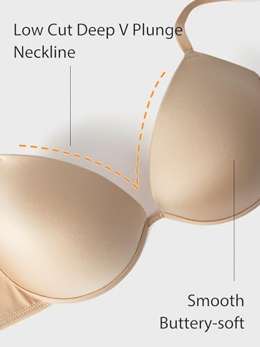Image of Push Up Bra Deep Plunge Thick Padded Add Cup Smooth T Shirt Bras Underwire Demi Low Cut Molded Bralette