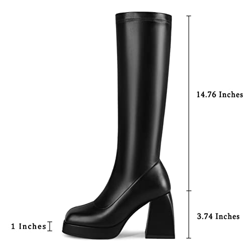 DOBOYG Knee High Boots Women Platform Chunky Block Heel Stretchy Square Toe Tall Patent Leather Long Boots2