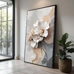 Tableau sur toile fleurs blanches 55x100 cm avec cadre intérieur nature