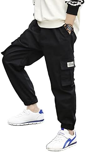 NATUST Boys Cargo Pants Drawstring Joggers Kids Casual Twill Jogging Trousers Black 11-12 Years