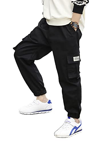 NATUST Jungen Cargohose Kinder Freizeithose Jogginghose Jungs Cargo Hose mit Elastischem Bund Schwarz 158-164 Cover