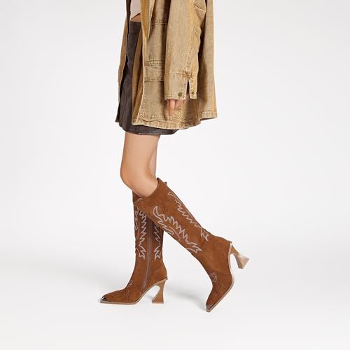 Women's Western Boots Vintage Embroidered Square Toe Cowboy Knee High Boots Brown Leather High Heel Cowgirl Shoes for Country Music Festivals Rodeo Parties and Events3