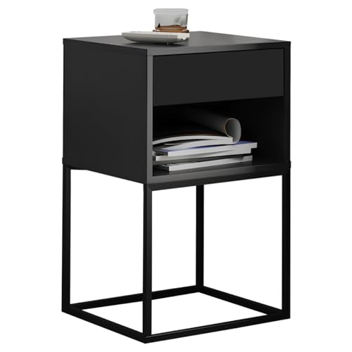 Mesa de Cabeceira Industrial Pé de Aço Pequena 1 Gaveta Corrediça Telescópica Com Nicho (Preto/Pé Preto) - LH Móveis