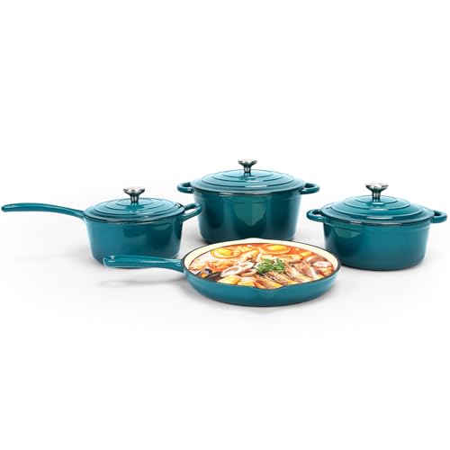 QuliMetal Nonstick Enameled Cast Iron Cookware Set, 7Pcs Pots and Pans with Lid, Frying Pan Skillet,...