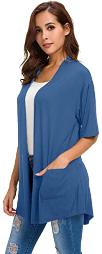 Adaniki Womens Short Sleeve Open Front Lightweight Casual Comfy Long Line Drape Hem Soft Modal Cardigans Sweater With Two Pockets (Blue, S) #TOP4