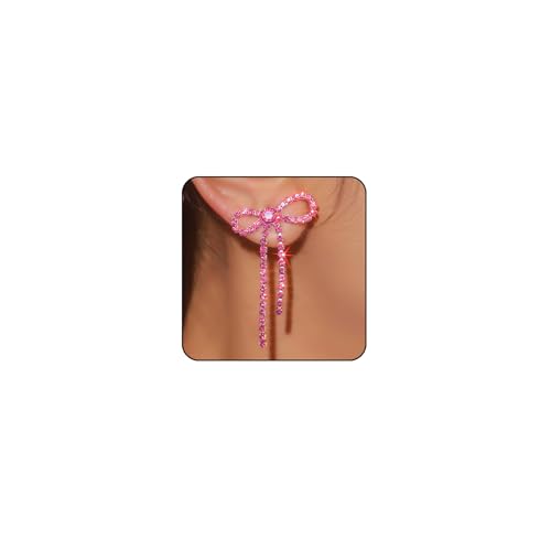 Silver Rhinestone Sparkly Dangle Earrings - Hot Pink, Purple, Blue, Black, Red - Dainty Bow Earrings for Women - Christmas