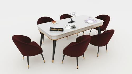 Image of WOODEN SPACE 6-Seater Wooden Dining Table Set | Nano Composite Marble Top | Solid Wood Base | Modern Dining Room Furniture with 6 Chairs (Maroon 2)