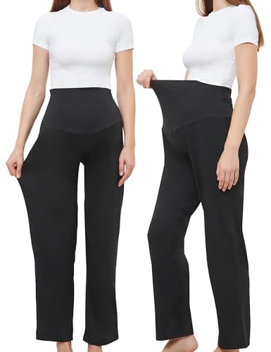 WHIMFINITY Pantalones de maternidad para mujer, casuales, sueltos, anchos/rectos, cómodos, palazzo, pantalones versátiles para el embarazo, Negro -, Large