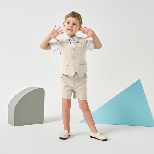 Image of Volunboy Baby Boys Summer Suits Short Sleeve Wedding Ring Bearer Outfits 4Pcs Graduation Dress Vest Shirt Bowtie Shorts Set