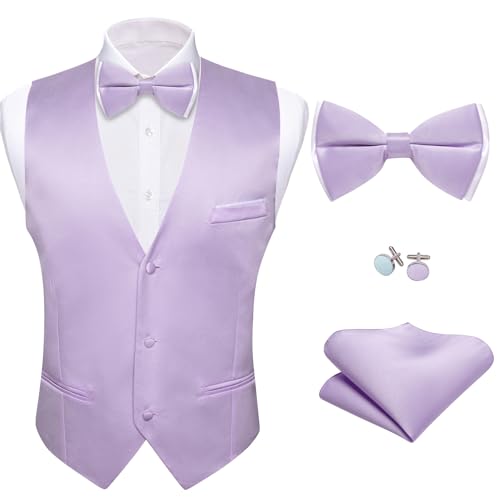 Image of Barry.Wang Mens Suit Vest Bow Tie Set 4PCS Formal V-neck Slim Fit Casual Solid Color Waistcoat Wedding Party Tuxedo