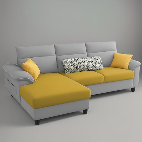 Image of Casaliving Seams LHS 4 Seater L Shape Sofa for Living Room (Yellow Grey Fabric) Premium Fabric Sofa