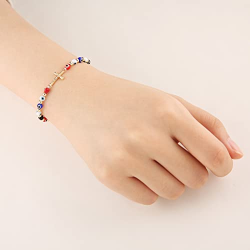 HZMAN Evil Eye Bracelet for Women Men 14K Gold Plated Jesus Crucifix Cross Retro Evil Eye Beads Luck Protection Stretch Bracelet Jewelry Gift3