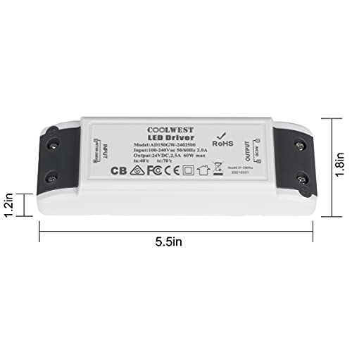Image of COOLWEST 60W 24V LED Driver Transformer, 100V AC to 24V DC Low Voltage Power Supply for LED Strip Lights and G4, MR11, MR16 Light Bulbs