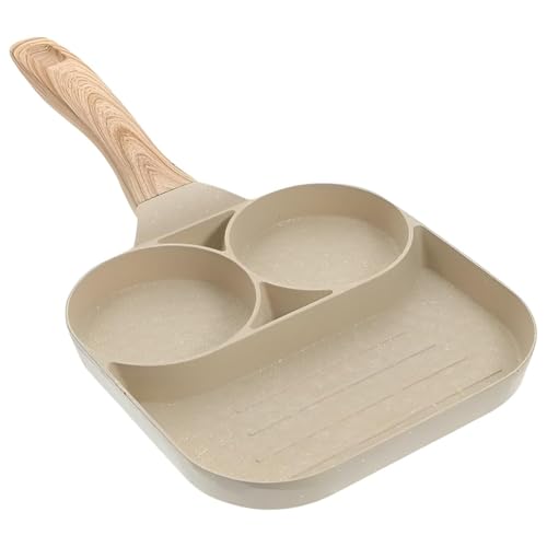 Image of 3 Cup Egg Frying Pan, Non Stick Granite Omelette Pan, 3 Hole Breakfast Fry Pan, Multi Section Egg Cooker, Induction Compatible Pancake Pan, Kitchen Cookware with Wooden Handle (White)