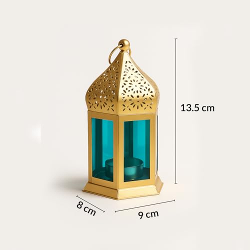 Image of MARKET 99 Metal+Glass Moroccan Lantern with Plain Glass | for Diwali, Christmas, Birthday, and Wedding | Decorative Candle Holder for Home Decor -Golden & Blue | (Use LED T-Light only)