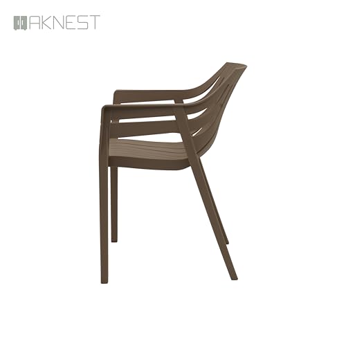 Image of OAKNEST Supreme Spectrum Plastic Arm Chair - Modern Slatted Stackable Chair for Living Room, Dining, Garden, Balcony, Restaurant & Cafe | Indoor Outdoor Designer Chair, Set of 2, Dark Beige