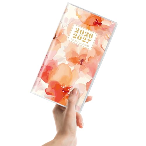 KONVINIT Pocket Calendar 2026-2027, Orange 2026-2027 Monthly Planner - 3.7" x 6.7" - Runs from January 2025 Until December 2027, 2026 Pocket Calendar with PVC Cover for Home, School, Office Supplies