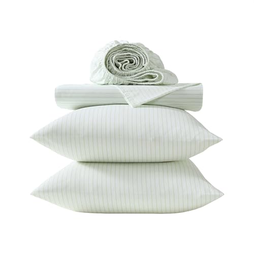 Image of Laura Ashley - King Sheet Set, Crisp & Cool Cotton Percale Bed Sheets, Deep Pockets, Striped Bedding with Matching Fitted Sheet & Pillowcases (Bedford Skinny Stripe Green)
