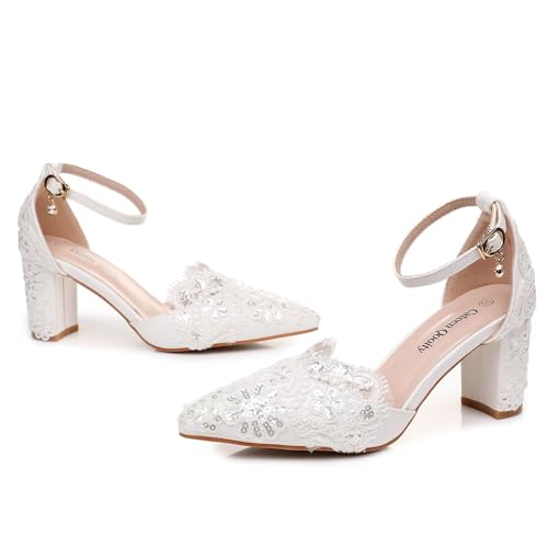 Women's Lace Ankle Strap Pointed Toe Pumps with 3 Inch Heel, White3