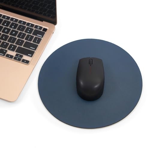 Image of Bellblock Round Mouse Pad | Computer Mouse Mat | Vegan PU Leather | Anti-Slip | Smooth Mouse Control | Spill-Resistant Surface | Blue & Tan | Diameter 22 cm (Pack of 1)