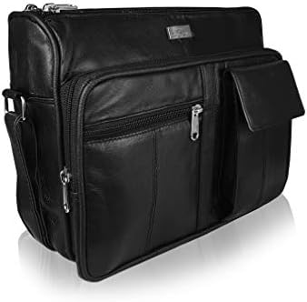Quenchy London Ladies Black Soft Leather Cross Body Shoulder Bag with 6 Pockets  Large Phone Holder  4 Credit Card Slots - Single Adjustable Across Strap - Designer Satchel Side Style - QL189K