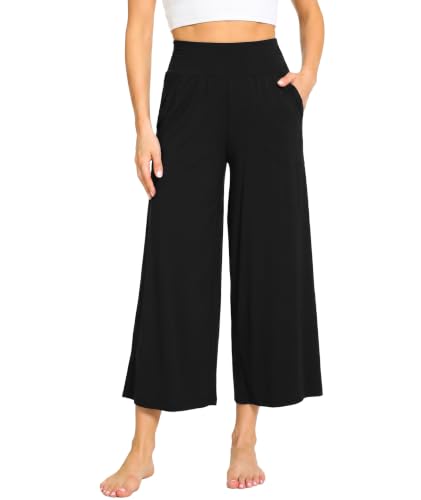 Image of GYS Bamboo Viscose Wide Leg Capri Pants for Women, Ultra-Soft Pajama Bottom | Lightweight Culottes Cropped Lounge Pants, Flowy Yoga Pants, High Waist PJ Bottoms, Knitted Ladies Gaucho Pants