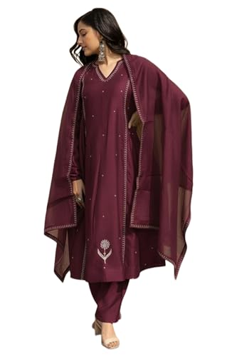 ANNI Designer Women's Rayon Viscose Floral Regular Kurta with Pant & Dupatta (MUNSHI Brown_Wine