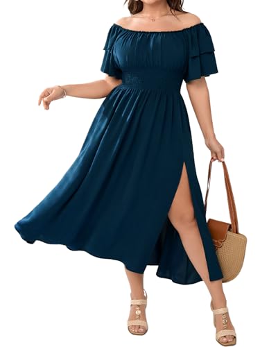 Image of Plus Size Maxi Dress Off The Shoulder Ruffle Smocked Wedding Guest Cocktail Slit Hem Flowy Dresses for Curvy Women