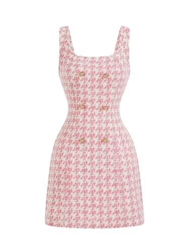 Image of Floerns Women's Plaid Tweed Dress Sleeveless Square Neck Elegant Work Mini Dress