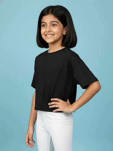 Image of KiddoPanti Girls 100% Cotton Solid Drop Shoulder Half Sleeve Round Neck Crop Tee