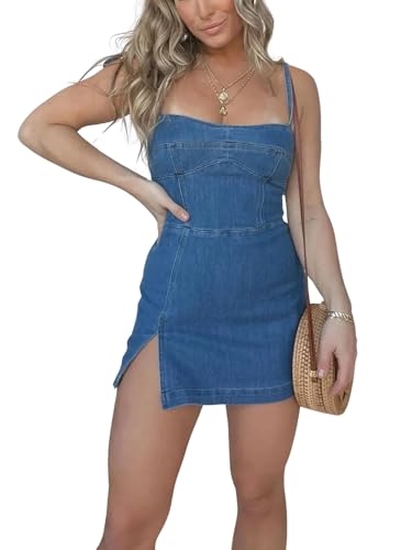 utcoco Women's 2025 Summer Tie Shoulder Denim Mini Dress Sleeveless Side Slit Bodycon Short Jean Dress