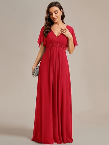Image of Ever-Pretty Women's Chiffon V-Neck Mother of Bride Dresses A-Line Ruched Short Sleeves Appliques Bridesmaid Dress Formal Gown