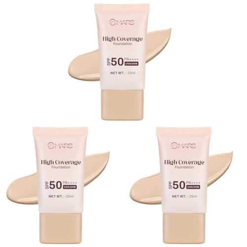 Image of MARS SPF50 PA++++ High Coverage Foundation (25ml) (03-NATURAL BEIGE) | Blemish Free & Blendable Makeup | For All Skin Type | IN-VIVO Tested with 5 Star UVA+UVB Protection Boost Rating (Pack of 3)