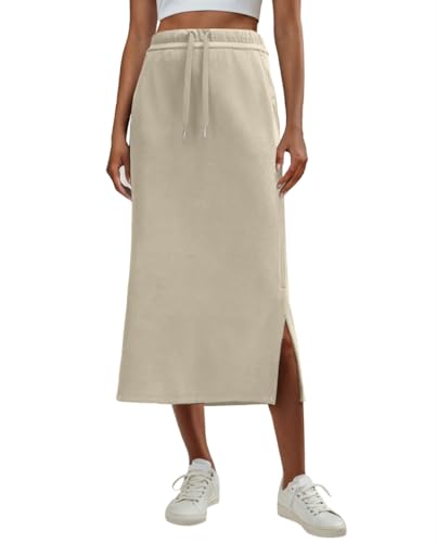 Image of Lepunuo Women's High Waisted Sweat Maxi Skirt with Pockets Slit | Ultra Soft Sweat Fabric, High Waist Drawstring, Deep Phone Pockets, Side Slit for Movement, Ideal for Lounge Travel