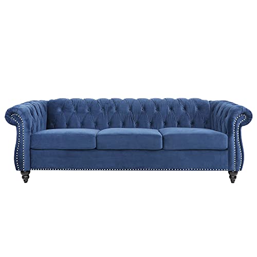 Levnary Three-Seat Velvet Sofa, Large Sofa Classic Tufted Chesterfield Settee Sofa Modern 3 Seater Couch Furniture Tufted Back For Living Room, Blue #TOP1