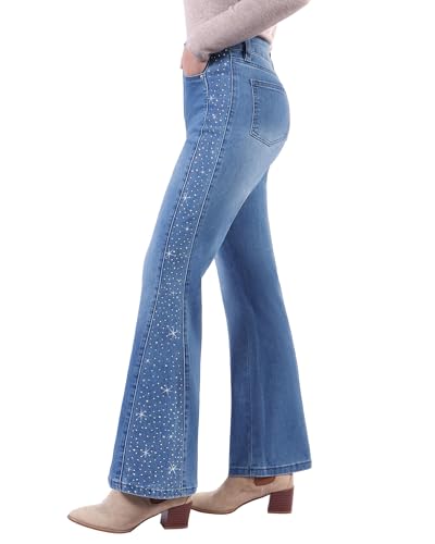 GRAPENT Jeans with Rhinestones Country Concert Outfits for Women Womens High Waisted Trousers 90S Womans Flare Jeans, Medium Blue, S, US Size 4 to 6