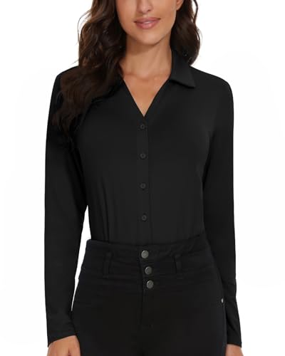 Image of Soneven Womens Golf Polo Shirts 3 /4 Long Sleeve V Neck Button Down Shirts Business Causal Work Blouses Tops
