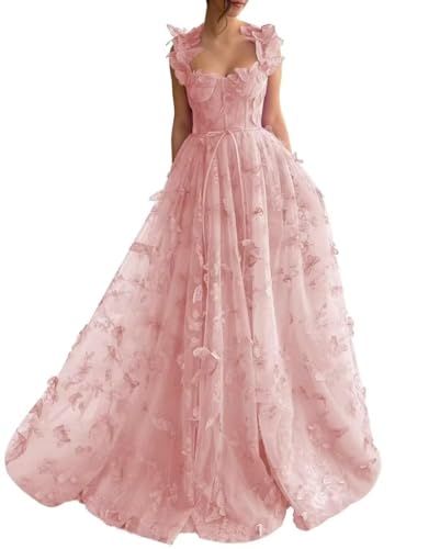 Teen Girls 3D Butterfly Tulle Long Homecoming Dresses Lace Princess Prom Dress Sweet 16 Dress with Slit A05