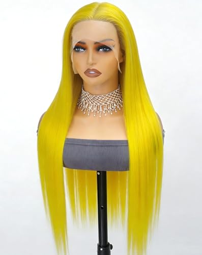 Stybee 30 Inch Yellow Human Hair Wig 13x6 200% Density Straight Yellow Wig Human Hair Pre Plucked Natural Hairline Tiny Knots Free Tangle No Synthetic Blend No Bad Smell No Shedding Lifespan 3X