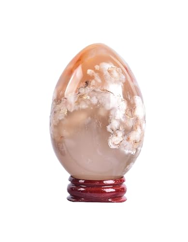 Image of AMOYSTONE Sakura Agate Egg 2.7-3 inch Small Palm Stone with Wood Stand for Healing Therapy - Spiritual Growth Crystal, Gift for Her Home Decor 8.5oz