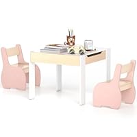 COSTWAY Kids Table and Chair Set, Wooden Children Study Desk with 2 Chairs, Reversible Blackboard Tabletop & Hidden Storage, 3PCS Toddler Activity Furniture for Learning, Drawing, Dining