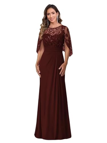 Image of Mother of The Bride Dresses - Long Chiffon Lace Appliques Cape Sleeve Ruched Waist Formal Evening Gown for Women